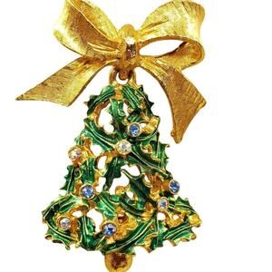 MYLU Christmas Bell Brooch Rhinestone Xmas Holiday Pin Green Enamel Gold Bow